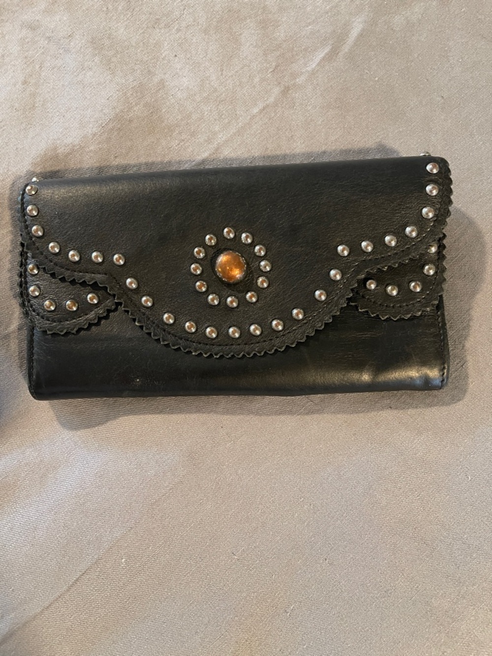 Sandro Black Leather Wallet with Amber Accent and Silver Studs